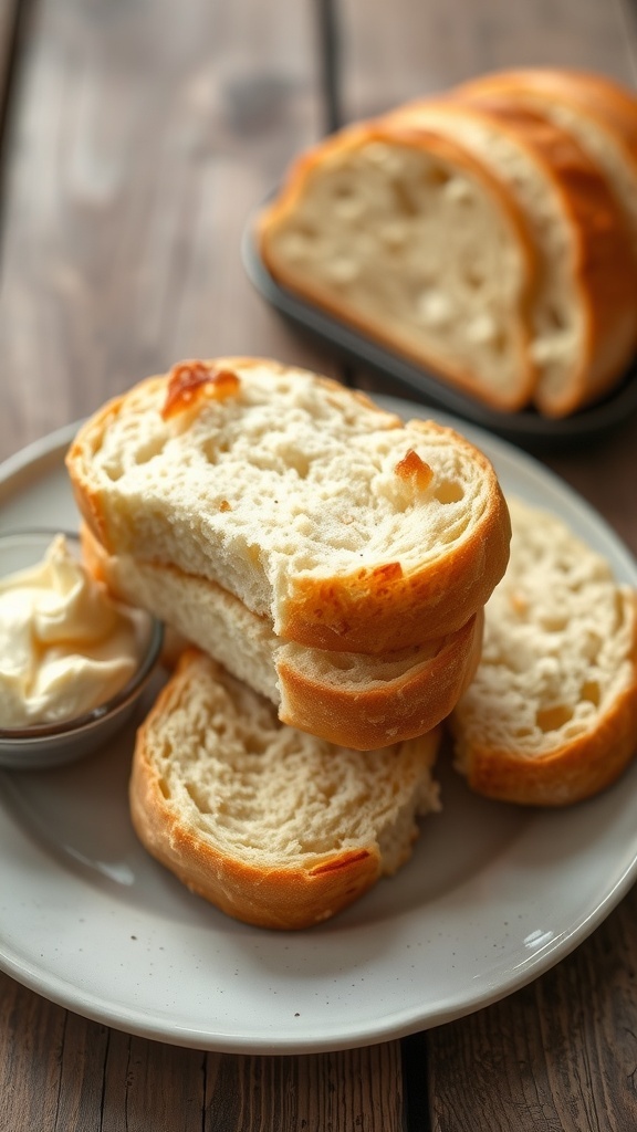 Fluffy cloud bread on a plate, golden brown with a soft texture, accompanied by a dairy-free spread.